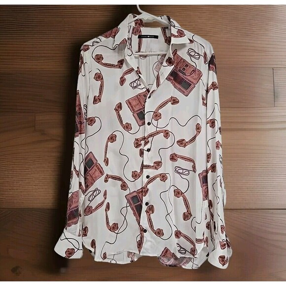 HAMMER MADE Button Down Long Sleeve Shirt Telephone Print Retro Men's M/39/15.5 - Picture 1 of 9